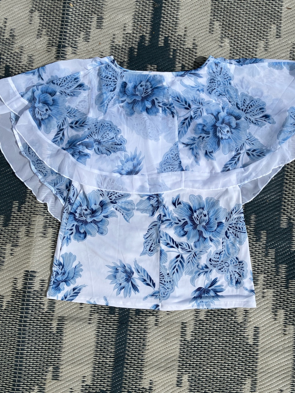 Adele & May Blue Floral Sheer Overlay Blouse  Keyhole Cape Poncho Blouse M - Picture 8 of 9